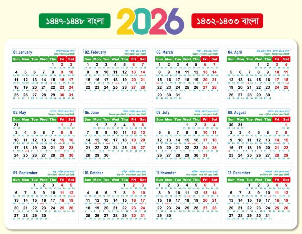 আরবি মাসের ক্যালেন্ডার ২০২৬