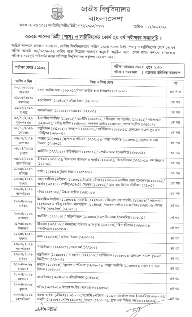 ডিগ্রি ২য় বর্ষের পরীক্ষার রুটিন ২০২৬